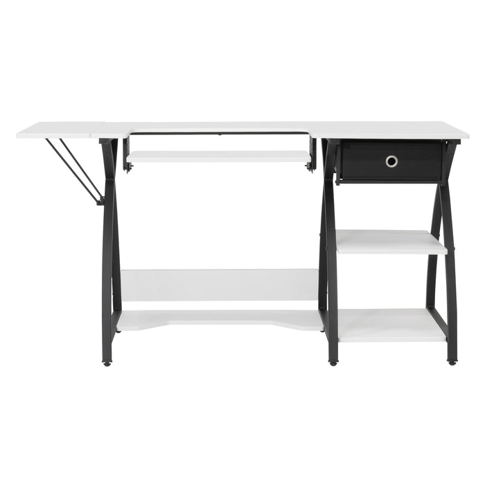 Comet Plus Hobby/Office/Sewing Desk with Fold-Down Top, Height Adjustable Platform, Bottom Shelf and Fabric Drawer Black/White 13372