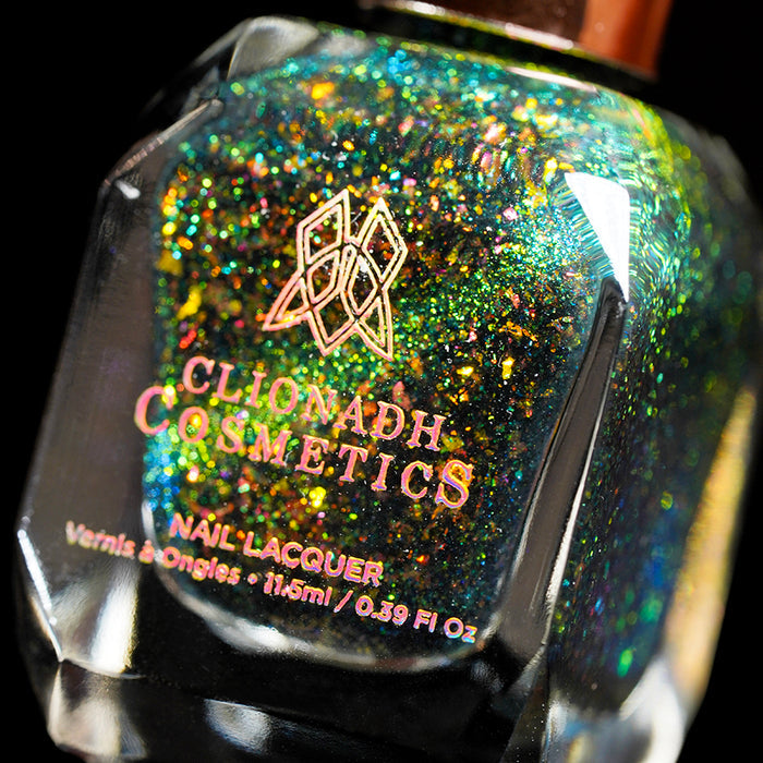 Angled, close-up of Conocybe Nail Lacquer bottle, on a black background.