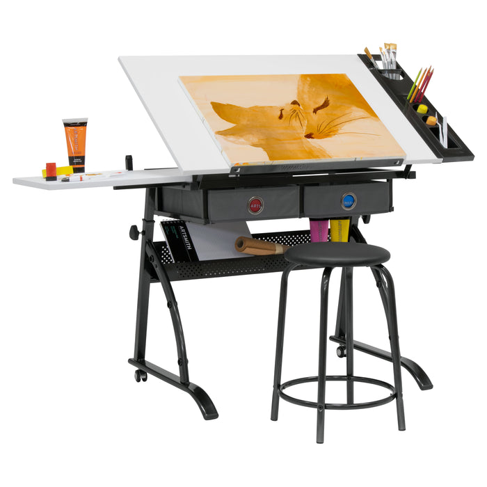 Core 2‑Piece Craft Table, Tilt Top and Adjustable Height with Stool, Gunmetal Gray / White 10104