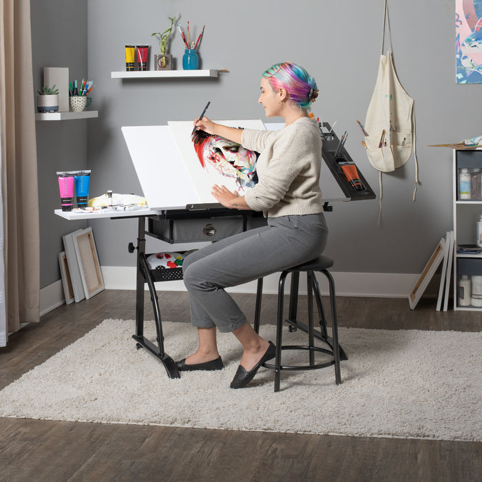 Core 2‑Piece Craft Table, Tilt Top and Adjustable Height with Stool, Gunmetal Gray / White 10104