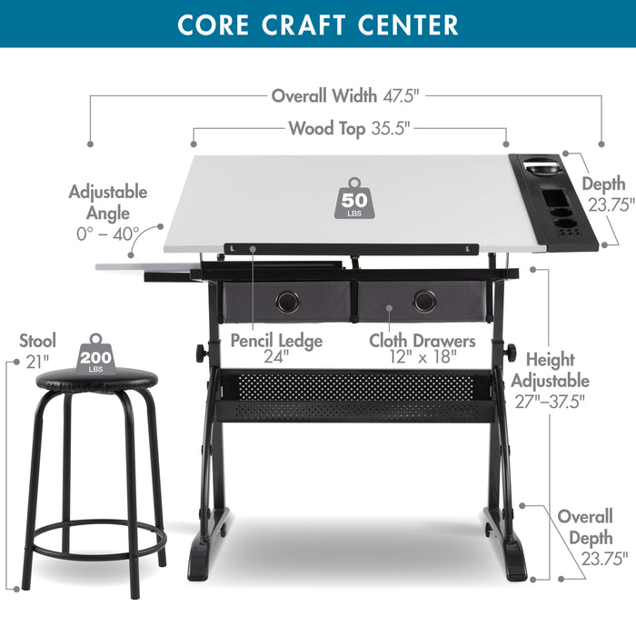 Core 2‑Piece Craft Table, Tilt Top and Adjustable Height with Stool, Gunmetal Gray / White 10104