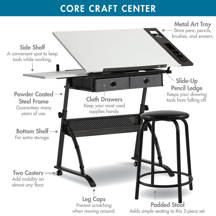 Core 2‑Piece Craft Table, Tilt Top and Adjustable Height with Stool, Gunmetal Gray / White 10104