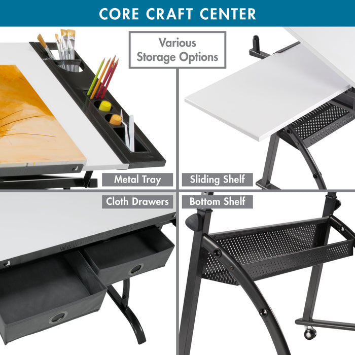 Core 2‑Piece Craft Table, Tilt Top and Adjustable Height with Stool, Gunmetal Gray / White 10104
