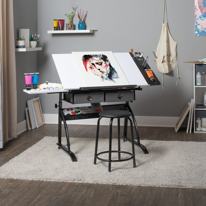 Core 2‑Piece Craft Table, Tilt Top and Adjustable Height with Stool, Gunmetal Gray / White 10104