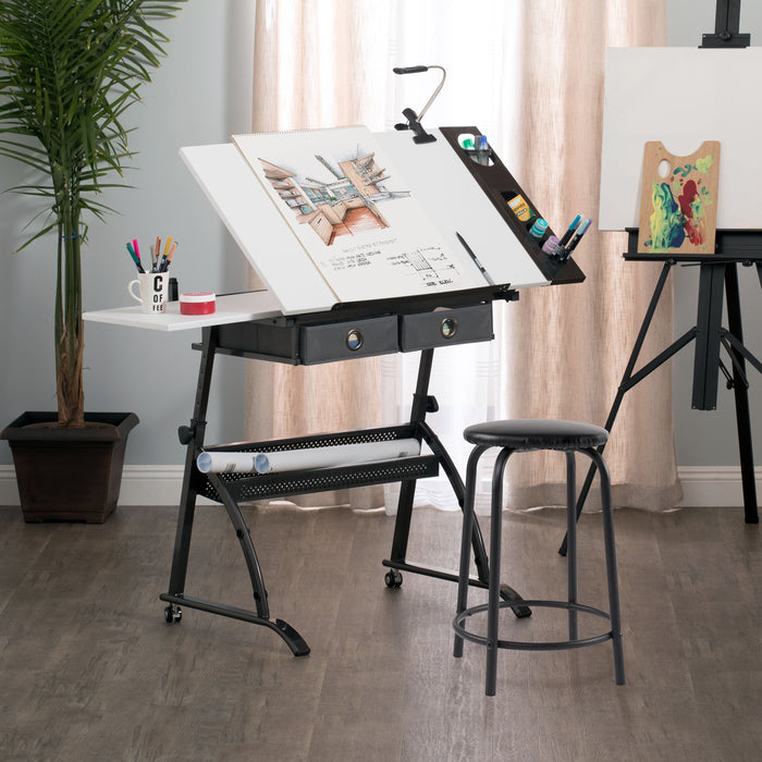 Core 2‑Piece Craft Table, Tilt Top and Adjustable Height with Stool, Gunmetal Gray / White 10104