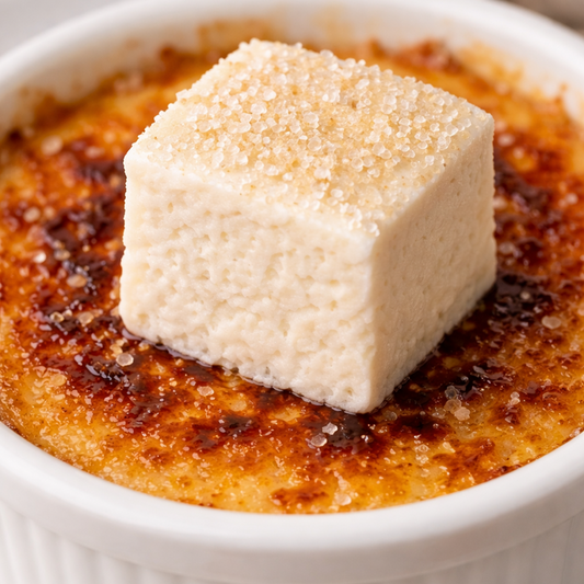 Square piece of creme brulee flavored marshmallows on top of a creme brèleé