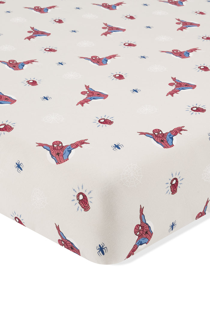 Oat Crib Sheet with Spider-Man print on a white background
