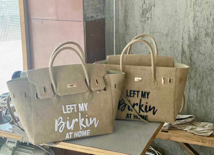 35cm printed burlap bag with left my Birkin at home text in natural burlap color