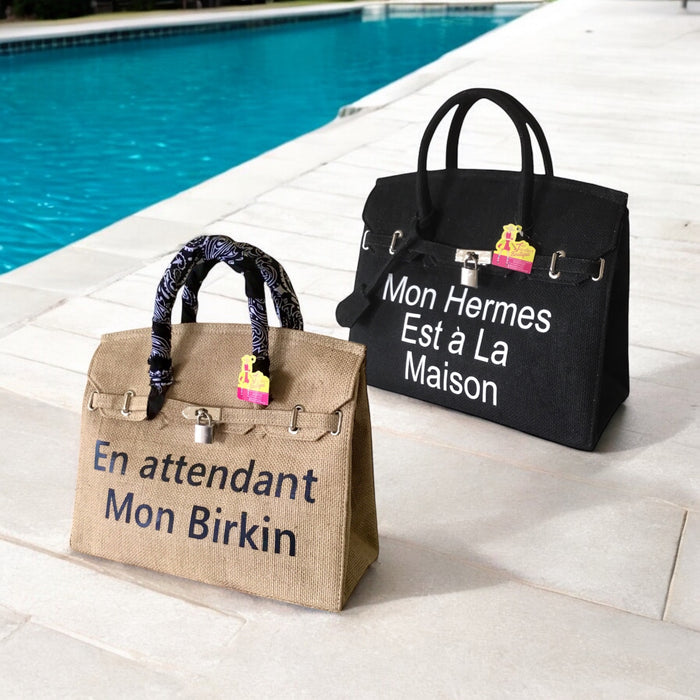 Travellers Hat Boutique 35cm printed burlap bag in natural and black with French text and patterned handles