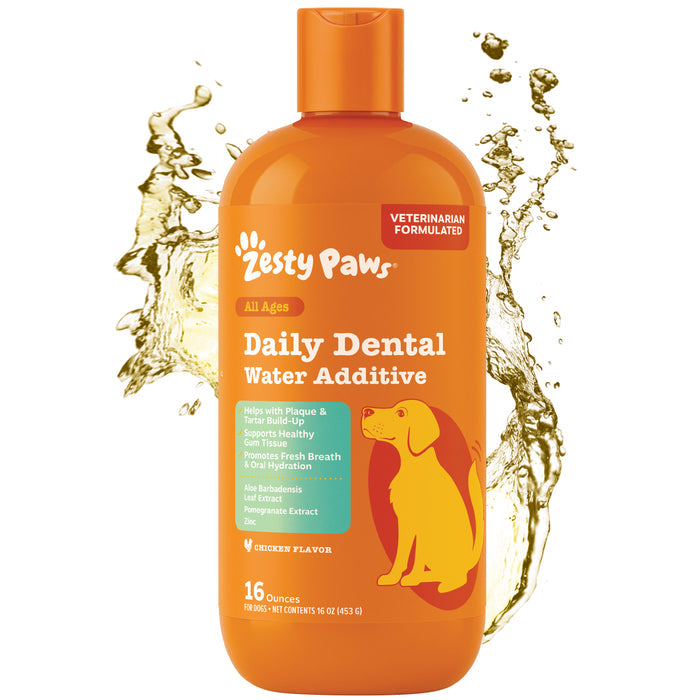 Orange bottle of Zesty Paws Daily Dental Water Additive with yellow dog illustration and water splashes on sides.