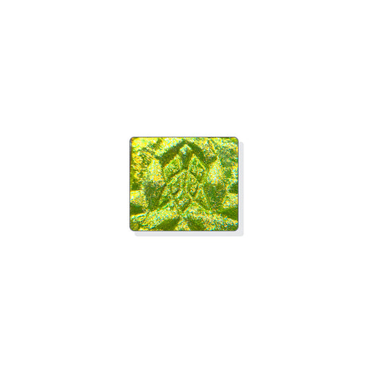 A single multichrome eyeshadow in colour Dias on a white background.  A chartreuse base large particle glitter that shifts peach-lime-aqua.
