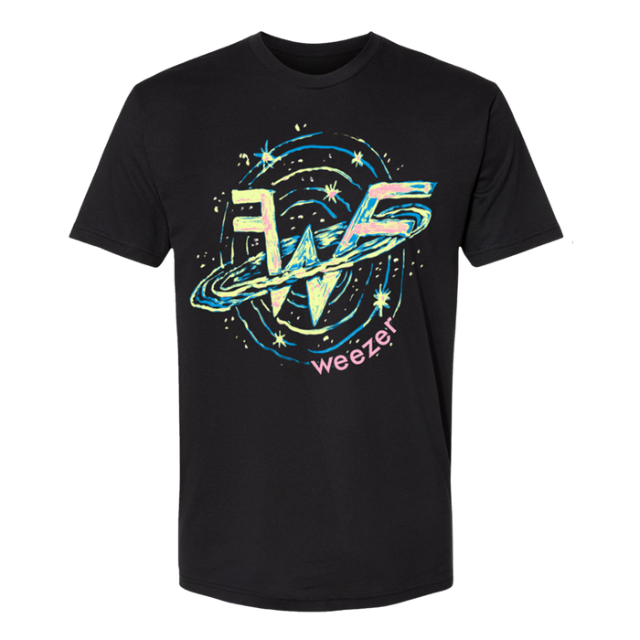 Black short-sleeved t-shirt featuring a vibrant, cosmic-themed graphic with the band weezer’s logo in stylized lettering surrounded by swirling blue and teal patterns and stars.