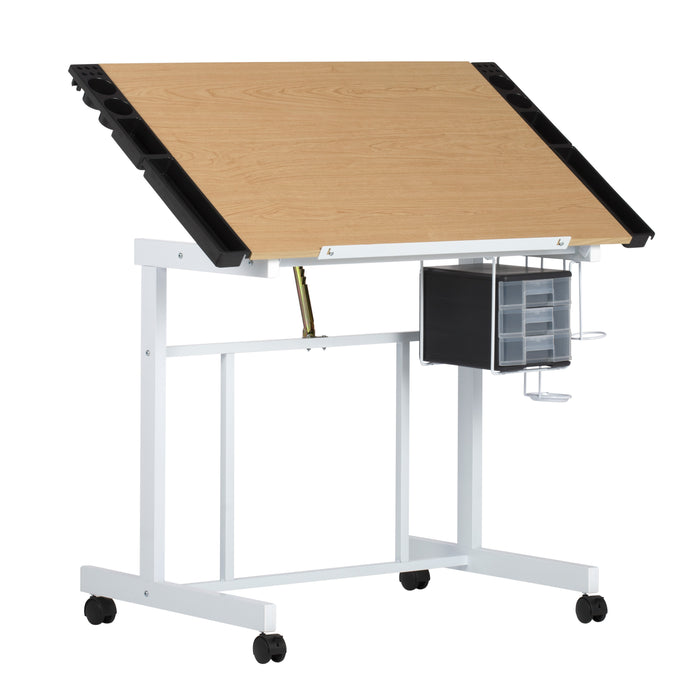 Deluxe Craft Station Mobile Drawing Desk with Adjustable Top and Storage, White / Maple 13251