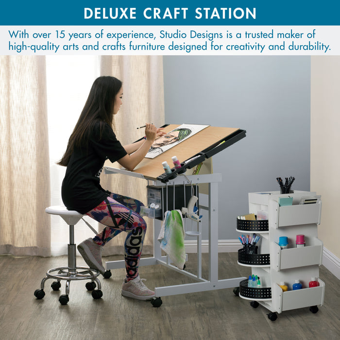 Deluxe Craft Station Mobile Drawing Desk with Adjustable Top and Storage, White / Maple 13251