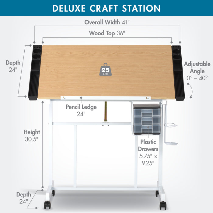 Deluxe Craft Station Mobile Drawing Desk with Adjustable Top and Storage, White / Maple 13251
