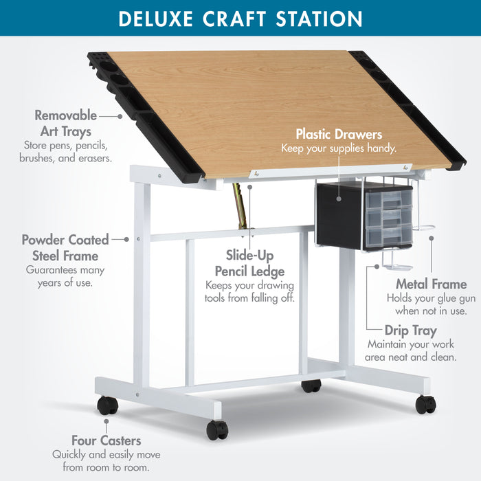 Deluxe Craft Station Mobile Drawing Desk with Adjustable Top and Storage, White / Maple 13251