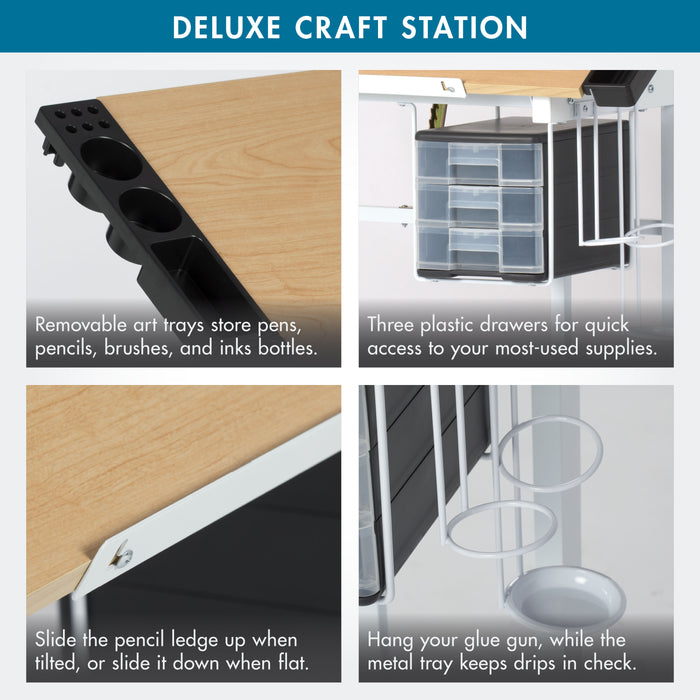 Deluxe Craft Station Mobile Drawing Desk with Adjustable Top and Storage, White / Maple 13251