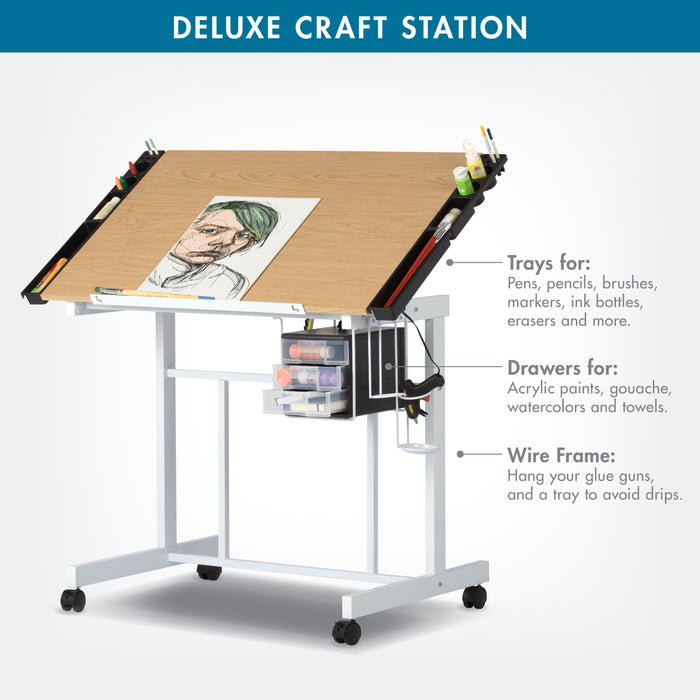 Deluxe Craft Station Mobile Drawing Desk with Adjustable Top and Storage, White / Maple 13251