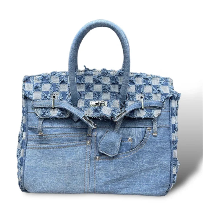 Denim blue jeans handbag tote bag with checkered pattern and stitched pocket details by Travellers Hat Boutique