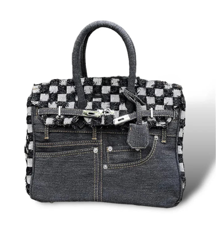 Travellers Hat Boutique tote bag styled as denim blue jeans handbag with checkered fabric accents