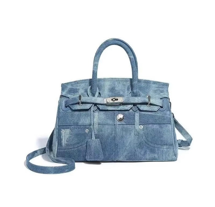 Travellers Hat Boutique denim blue jeans handbag tote bag with metal clasp and shoulder strap