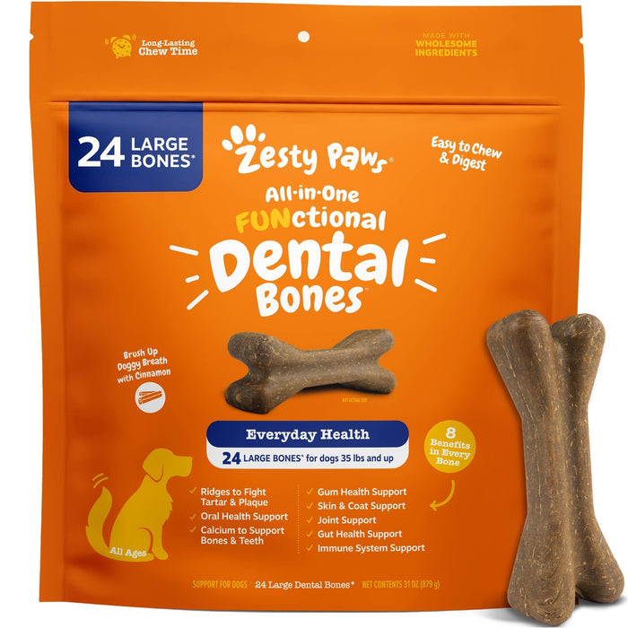 Orange bag containing 24 large brown dental bones for dogs, with two individual bones displayed beside the package.