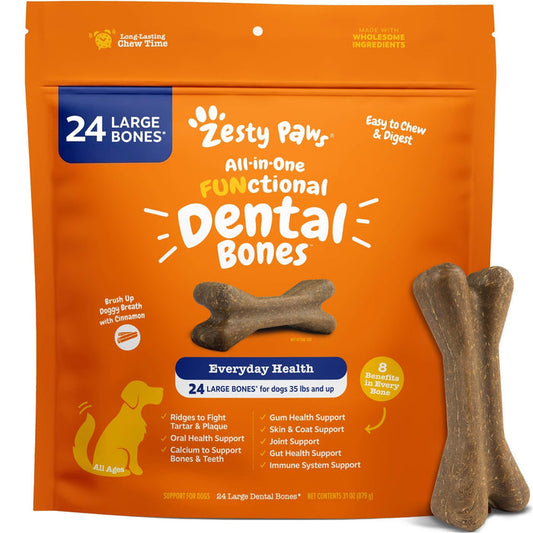 Orange bag containing 24 large brown dental bones for dogs, with two individual bones displayed beside the package.