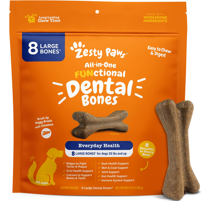 Brown bone-shaped dental chews for large dogs, displayed in orange packaging labeled "Zesty Paws" with 8 large bones per pack