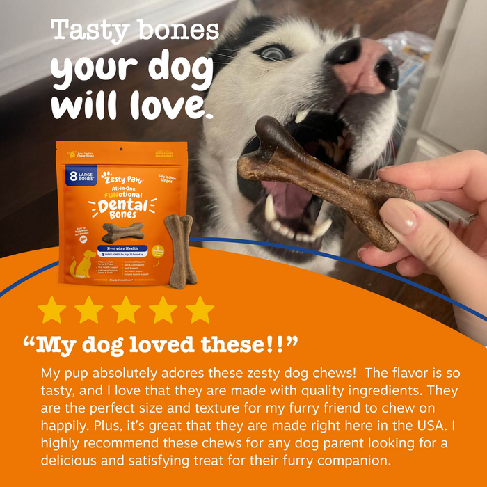 Large dog chew bone held in hand next to orange product package with white dog chewing treat.