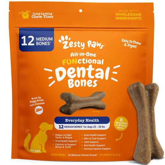Brown dental chew bones for medium dogs displayed next to orange packaging labeled "Zesty Paws All-in-One Functional Dental B