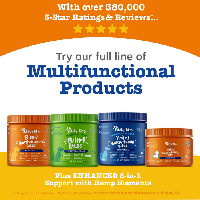 Orange and green dental bone treats displayed against orange and yellow background with five-star rating and product line inf