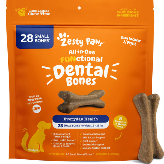 Orange package containing 28 small brown dental bones for dogs, with two individual bones displayed beside the bag.