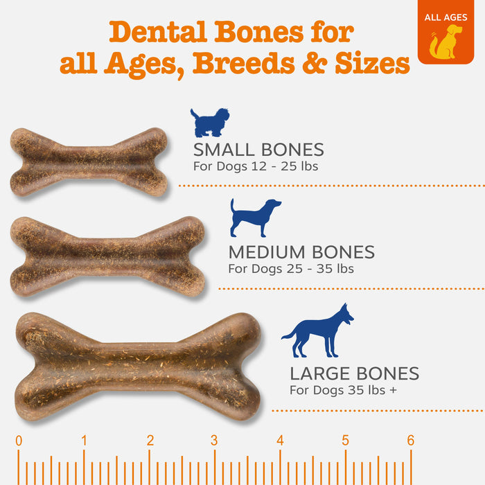 Three tan bone-shaped chews displayed by size: small, medium, and large, with size guide and dog weight specifications.
