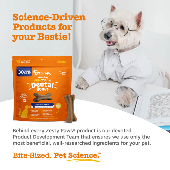 Orange Zesty Paws dental bones package with 30 small brown chew bones displayed in front.