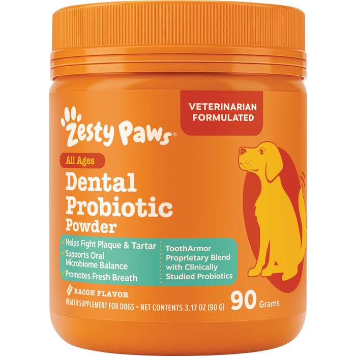 Orange jar of Zesty Paws dental probiotic powder with orange lid, featuring yellow and red dog illustration and product text.