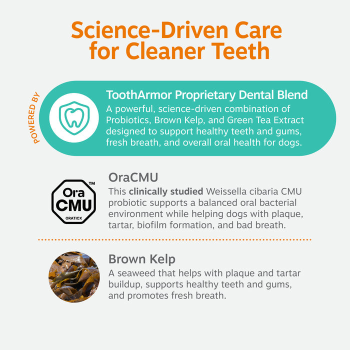 White container with orange and teal text describing dental probiotic powder ingredients including probiotics, brown kelp, an