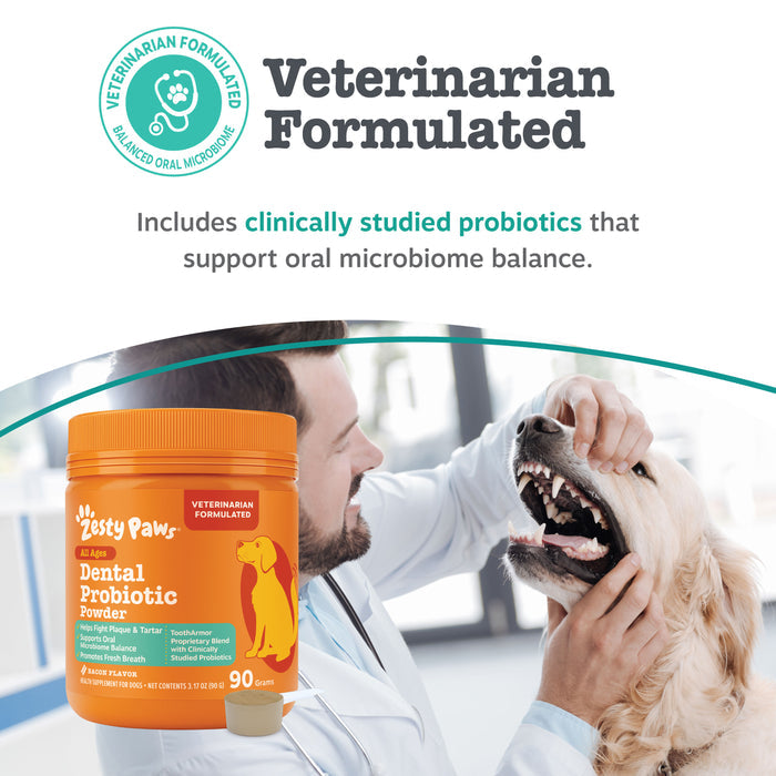 Orange container of Zesty Paws Dental Probiotic Powder with veterinarian-formulated label, shown next to person examining dog
