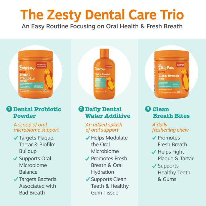 Three orange containers of Zesty Paw dental products: powder, water additive, and bite treats for dogs.