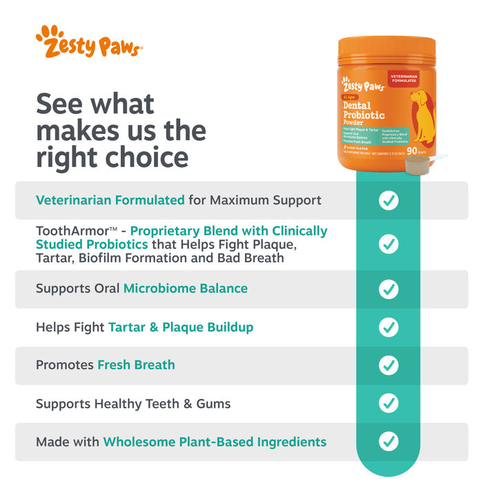 Orange Zesty Paws dental probiotic powder container with veterinarian formulated label and 90 servings displayed next to prod