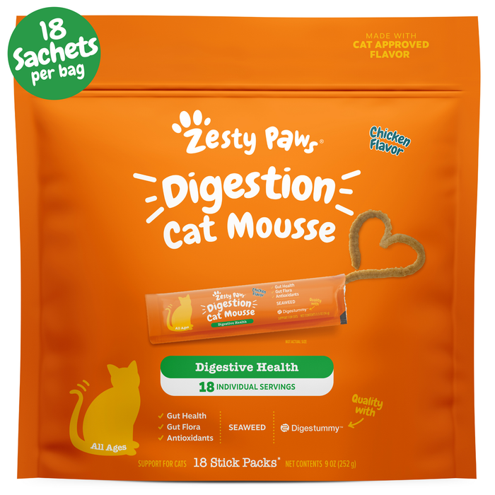 Orange bag of Zesty Paw Digestion Cat Mousse with chicken flavor, containing 18 individual stick packets for cats.