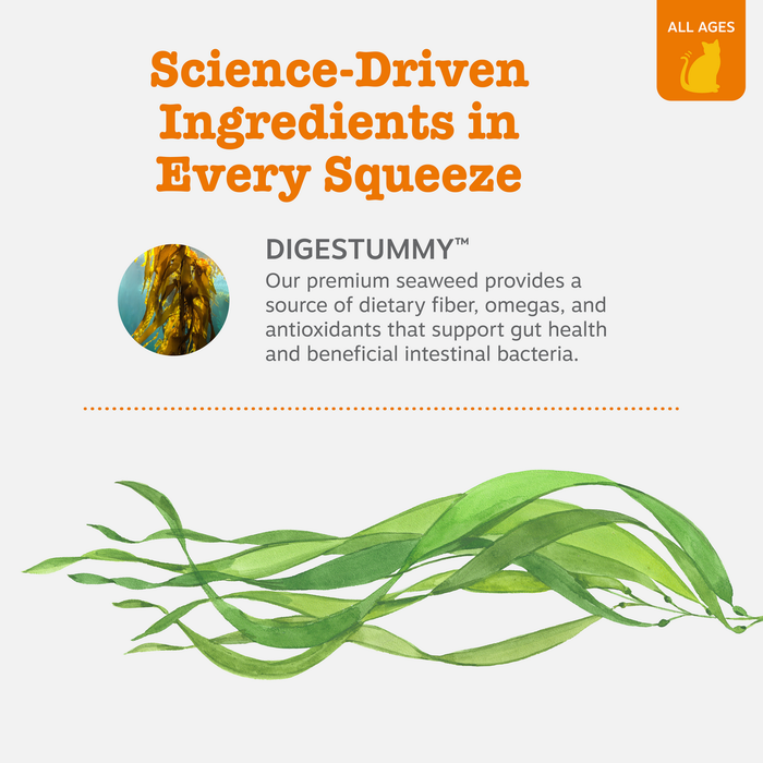 Orange text stating "Science-Driven Ingredients in Every Squeeze" with seaweed and green kelp illustrations below.
