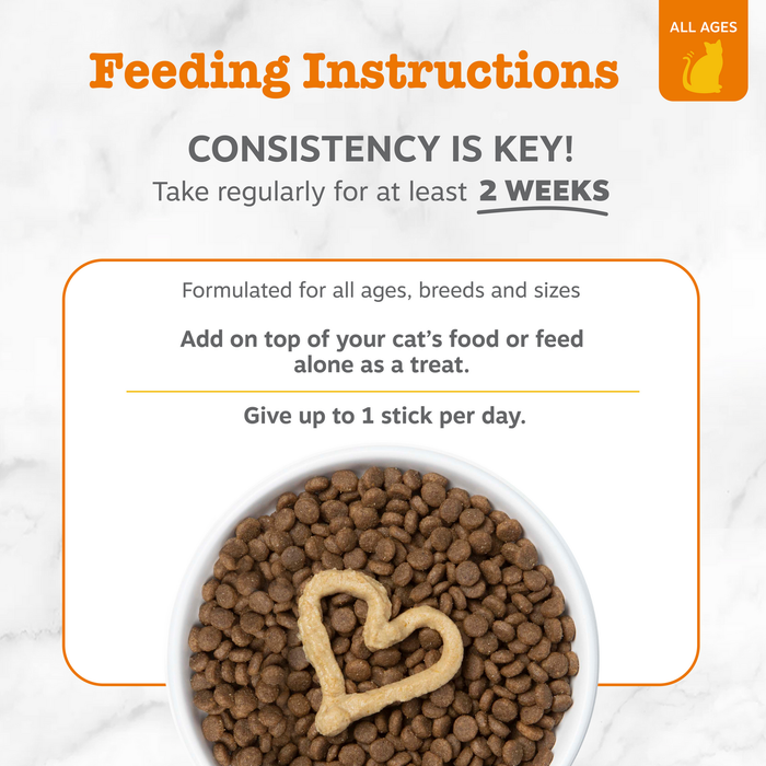 Feeding instructions card showing brown cat mousse pellets in white bowl with cream-colored heart shape on top.