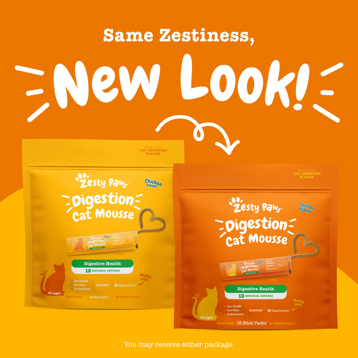 Two packaging designs for Zesty Paw Digestion Cat Mousse in yellow and orange, showing chicken flavor stick packs with digest