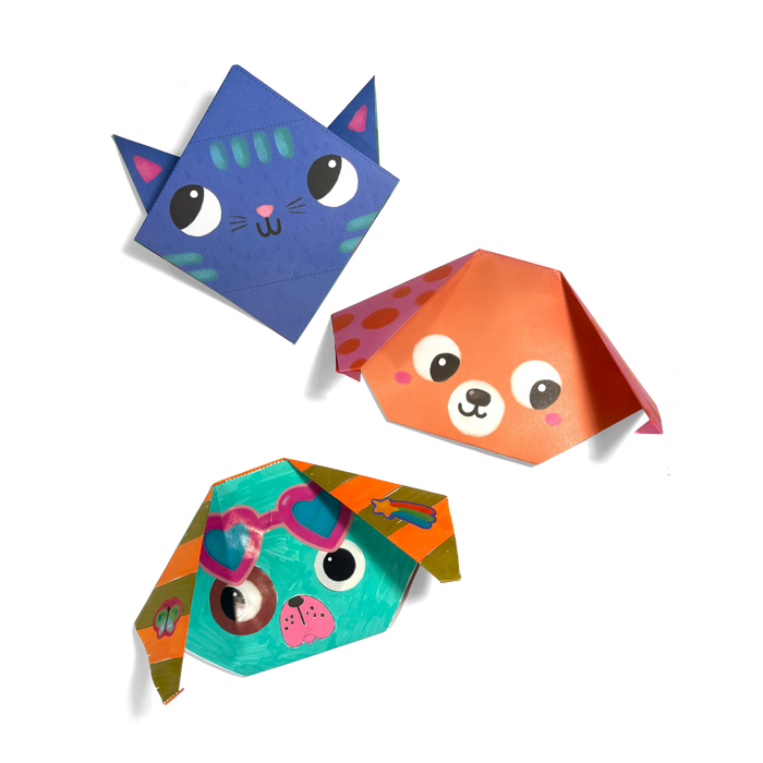 Group of finished origami pets from the OOLY DIY Pet Pals Origami Activity Kit