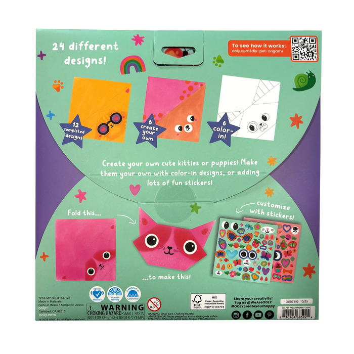 Back of packaging of OOLY DIY Pet Pals Origami Activity Kit