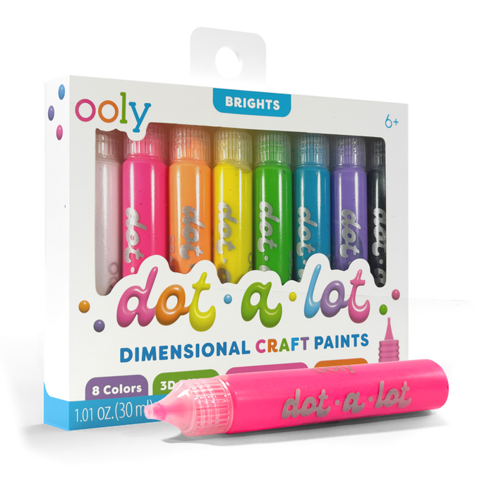 Quarter angle of package of OOLY Dot-a-Lot 3D Dimensional Craft Paint - Brights on a white background