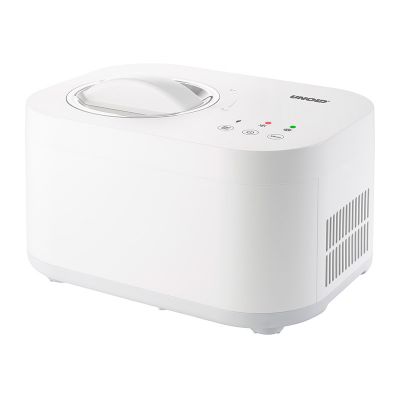 Die Unold Eismaschine Snow 1 L ist eine weiße, rechteckige Eismaschine mit transparentem Deckel, seitlichen Lüftungsgittern und verschiedenen Bedienknöpfen und Kontrollleuchten auf der Oberseite.