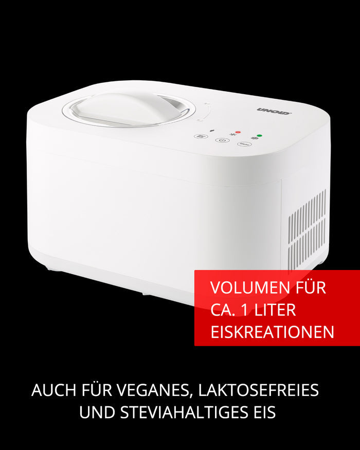 Die Unold Eismaschine Snow 1 L ist eine weiße Eismaschine mit Knöpfen und Deckel auf schwarzem Hintergrund. Der Text hebt das Fassungsvermögen von 1 Liter und die Eignung für vegane, laktosefreie und Stevia-basierte Rezepte hervor.
