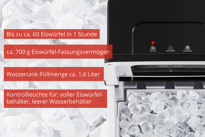 Nahaufnahme des Unold Eiswürfelbereiters Freeze: Bedienelemente und Eiswürfel auf dem Display. Der deutsche Text hebt 60 Würfel/Stunde, 700 g Fassungsvermögen, 1,6-l-Wassertank sowie Kontrollleuchten für den vollen oder leeren Status hervor.