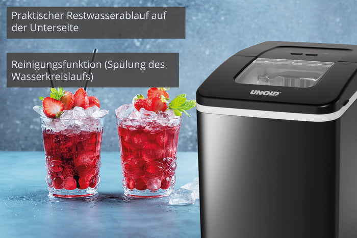 Ein schwarzer Unold Eiswürfelbereiter Freeze steht neben zwei Gläsern mit rotem Eisgetränk mit Erdbeeren und Minze. Deutscher Text hebt die praktische Wasserablauf- und Reinigungsfunktion hervor. Der Hintergrund ist hellblau.